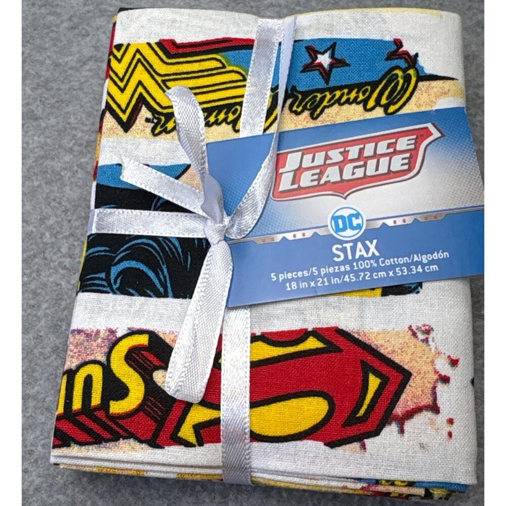 DC Justice League Stax 5 Piece Cotton Fabric Bundle 18"x21"